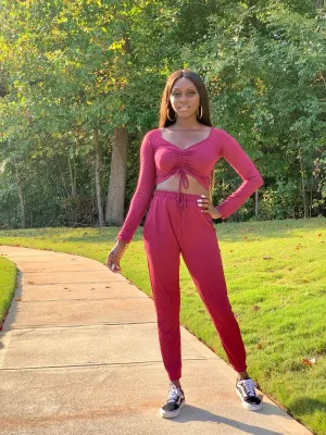 Cali Ruched Top & Jogger set | Burgundy - FINAL SALE