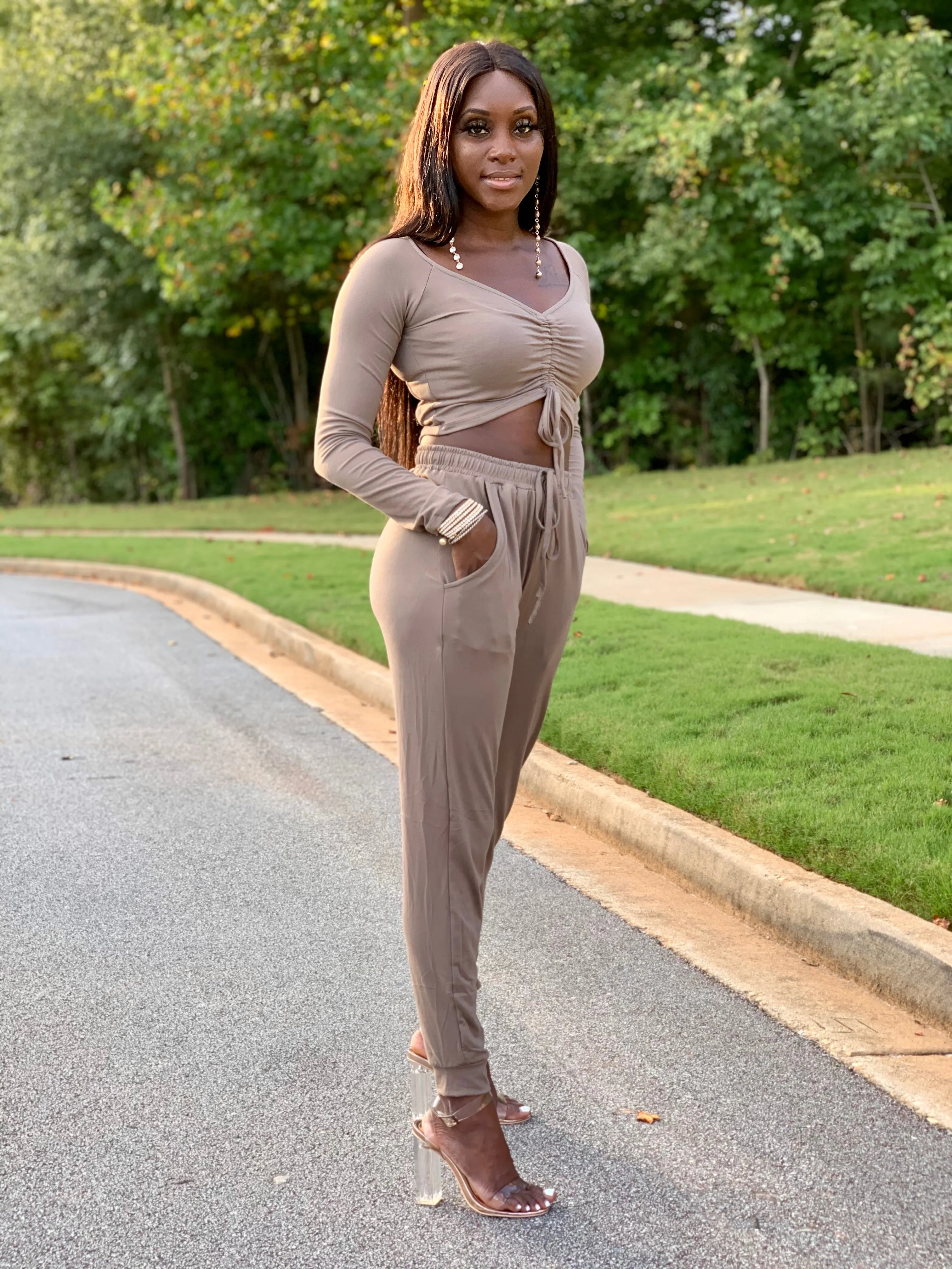 Cali Ruched Top & Jogger set | Taupe - FINAL SALE