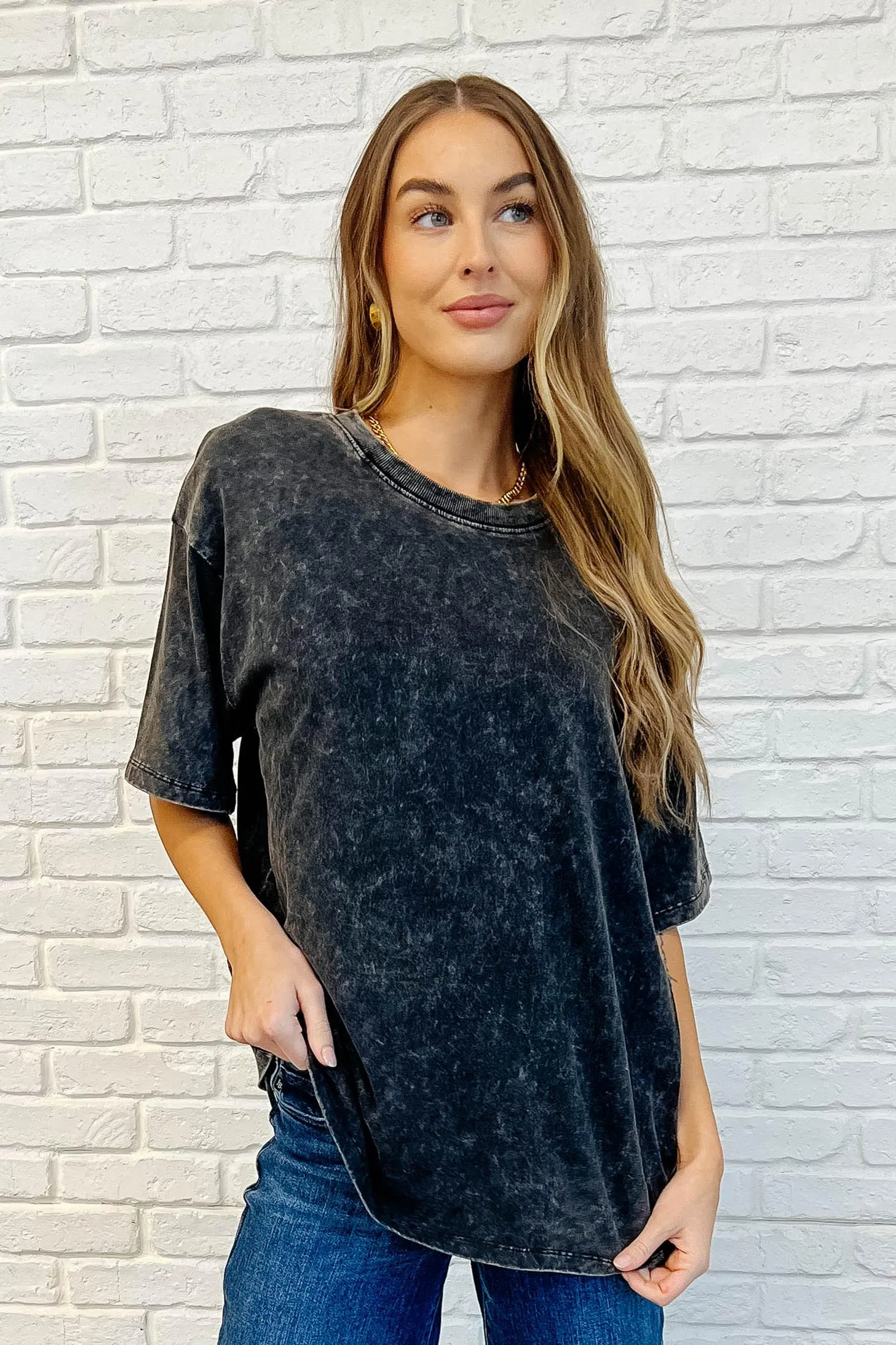 Casual Basic Drop Shoulder Oversized Tee in Ash Black