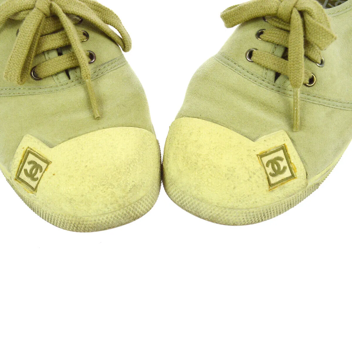 CHANEL CC Logos Bi-color Sneakers Shoes Light Green Suede 06C #35 01095