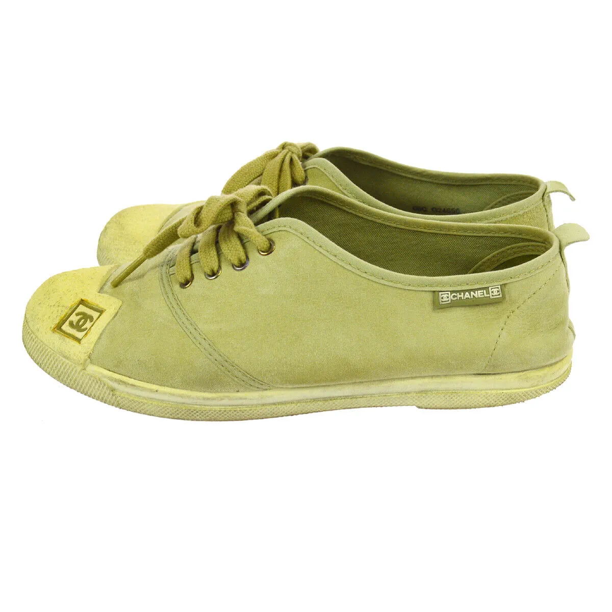 CHANEL CC Logos Bi-color Sneakers Shoes Light Green Suede 06C #35 01095
