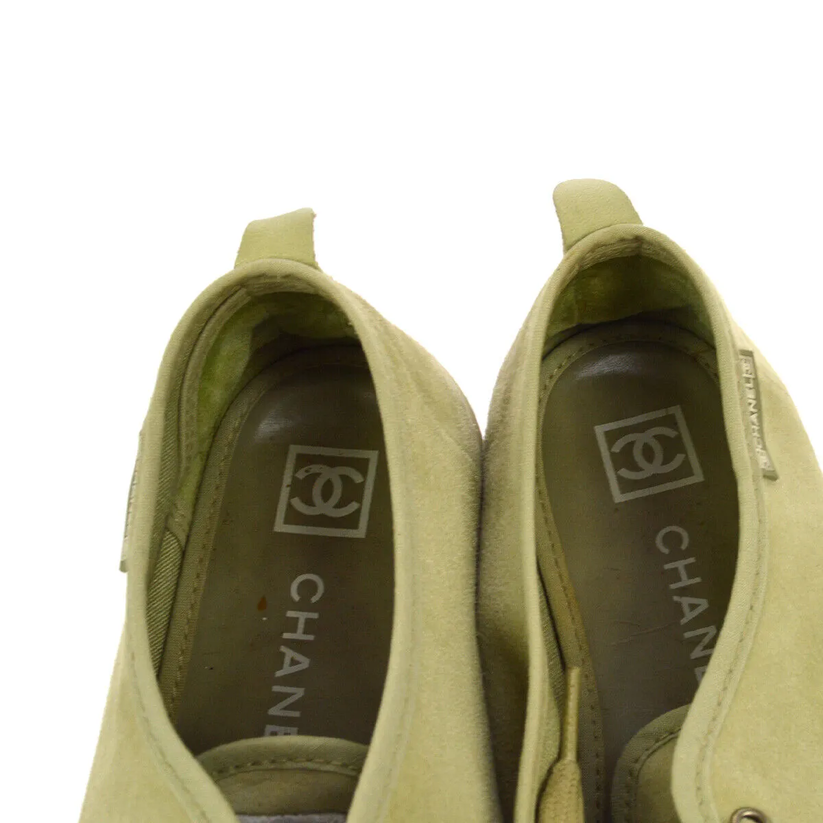 CHANEL CC Logos Bi-color Sneakers Shoes Light Green Suede 06C #35 01095
