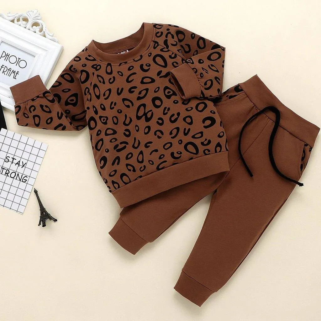 Children Leopard Print Cotton Long Sleeve Outfit - Green, Brown
