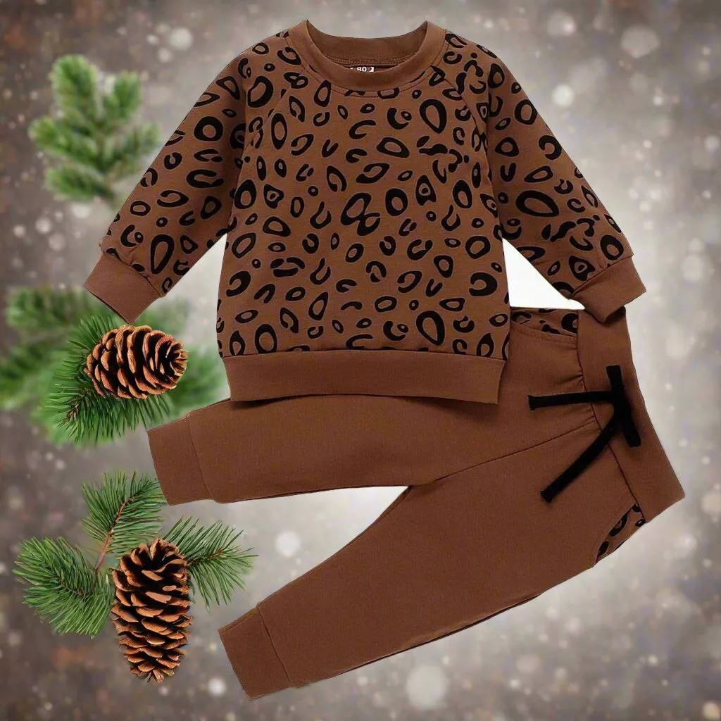 Children Leopard Print Cotton Long Sleeve Outfit - Green, Brown