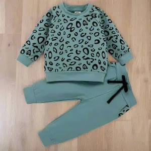 Children Leopard Print Cotton Long Sleeve Outfit - Green, Brown