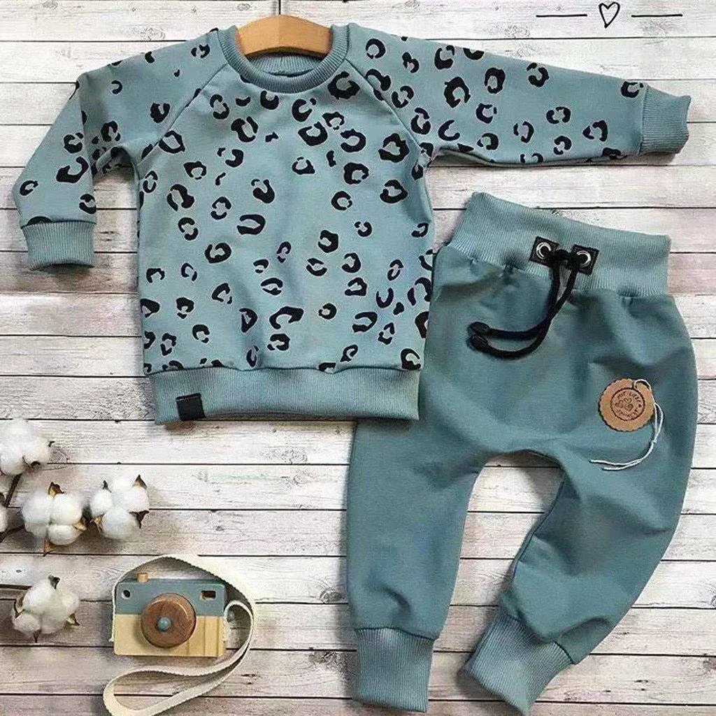 Children Leopard Print Cotton Long Sleeve Outfit - Green, Brown