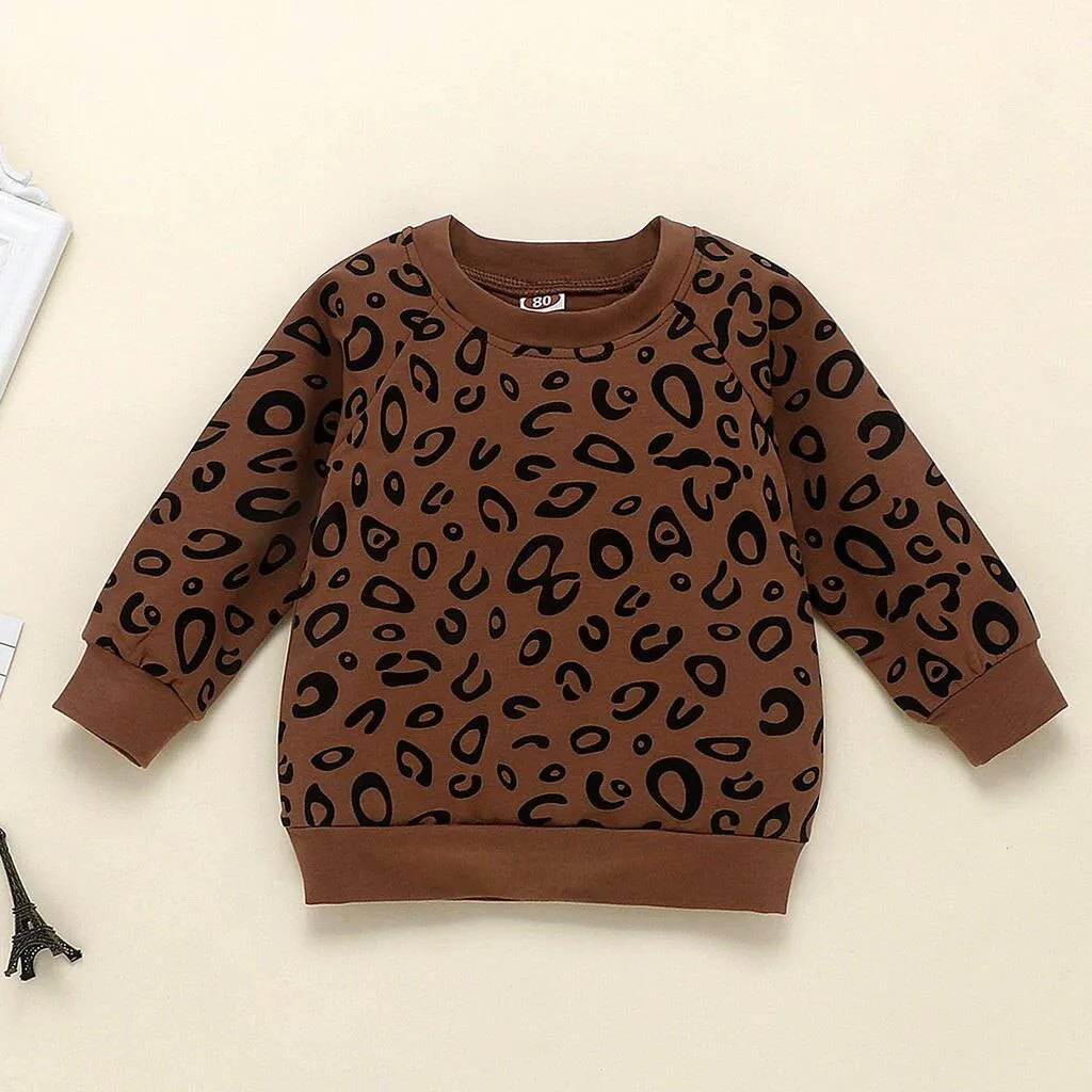 Children Leopard Print Cotton Long Sleeve Outfit - Green, Brown