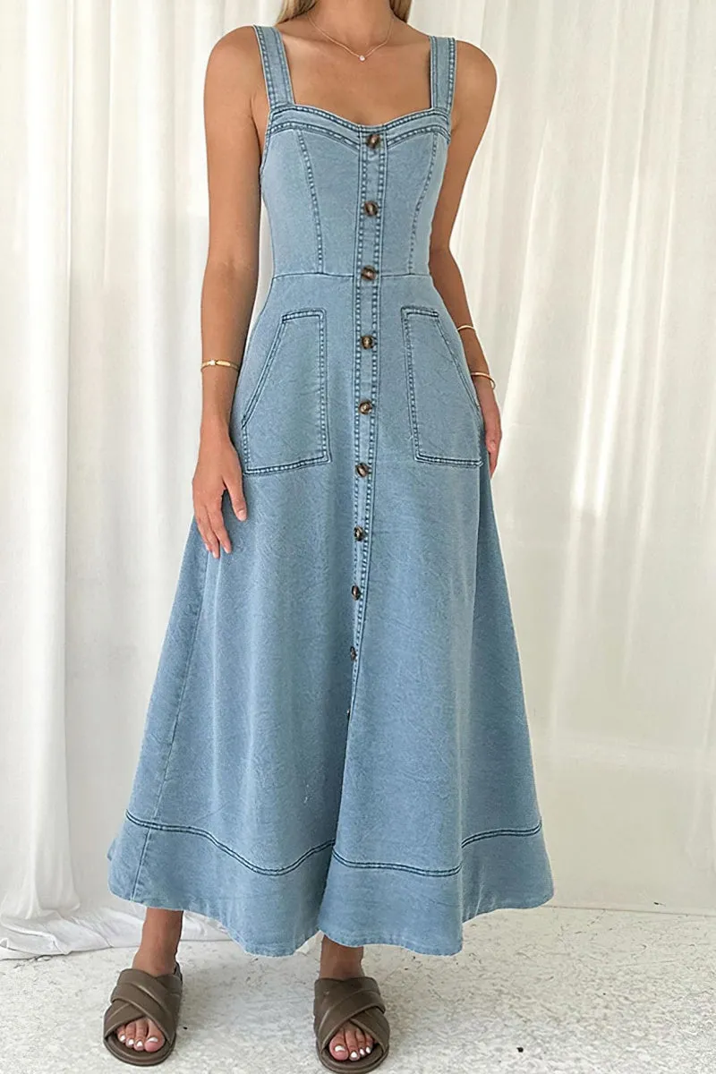 Chouyatou Women's Adjustable Strap Midi Long Denim Dress 2025 Button Down A-Line Swing Flowy Jean Dress