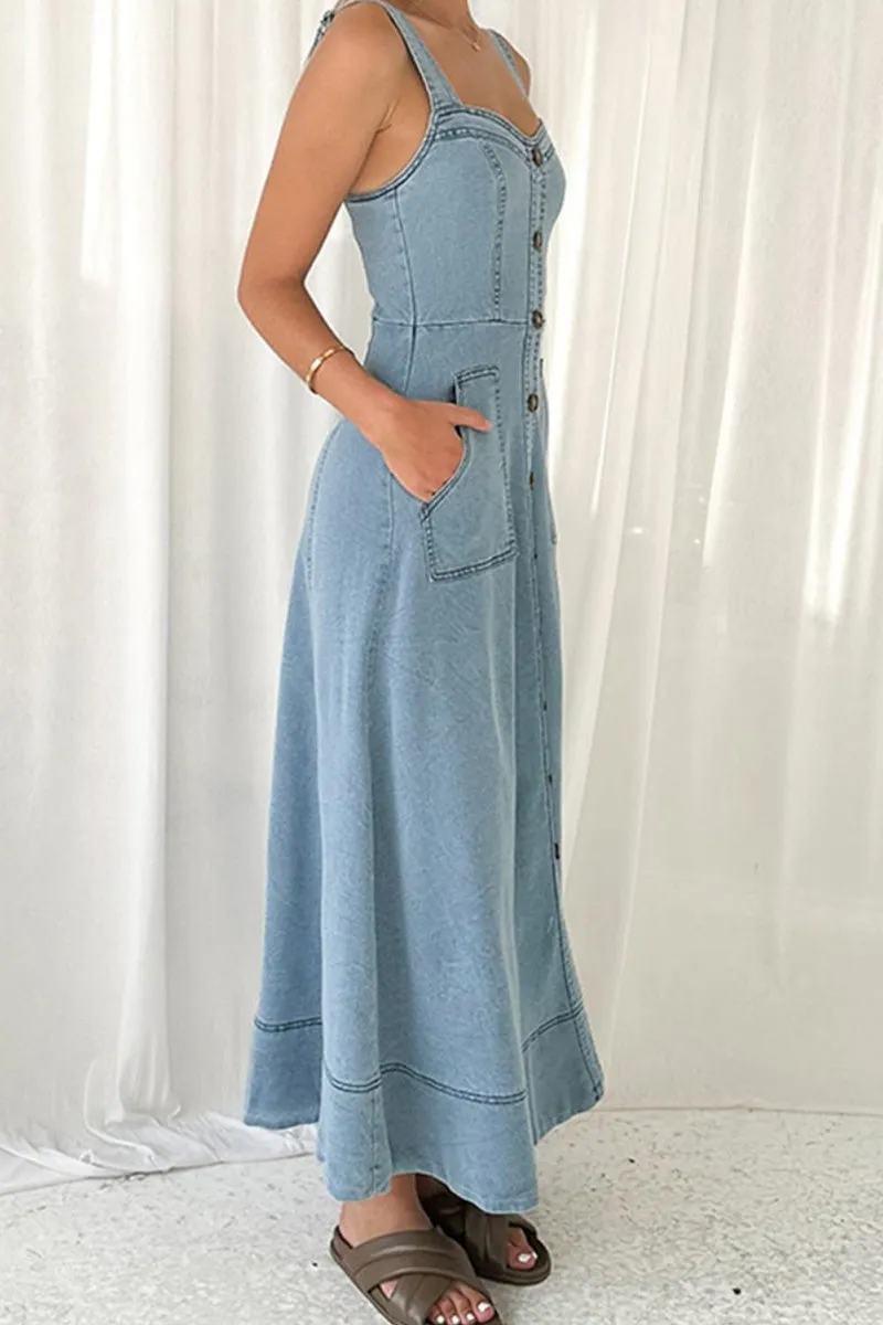 Chouyatou Women's Adjustable Strap Midi Long Denim Dress 2025 Button Down A-Line Swing Flowy Jean Dress