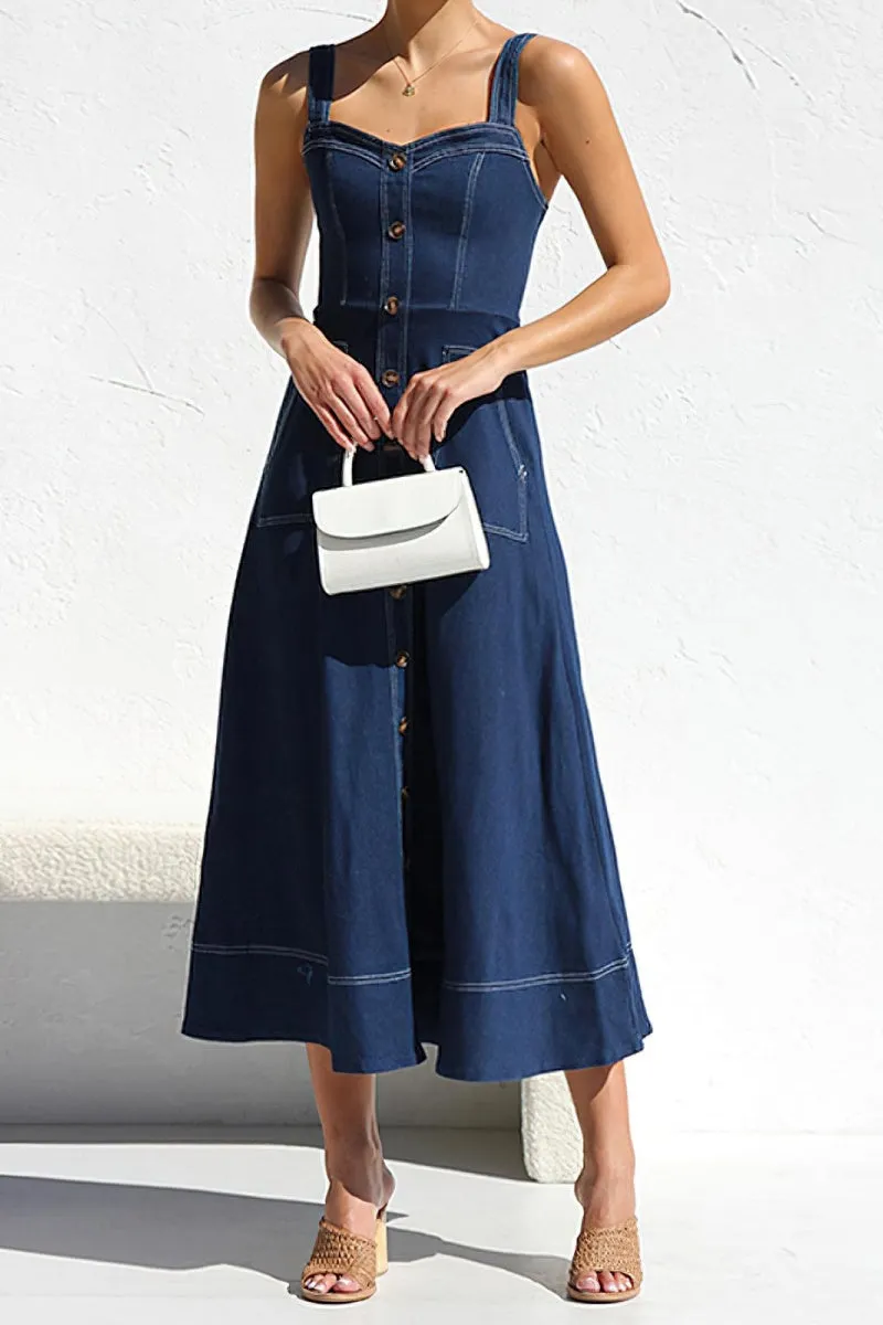 Chouyatou Women's Adjustable Strap Midi Long Denim Dress 2025 Button Down A-Line Swing Flowy Jean Dress