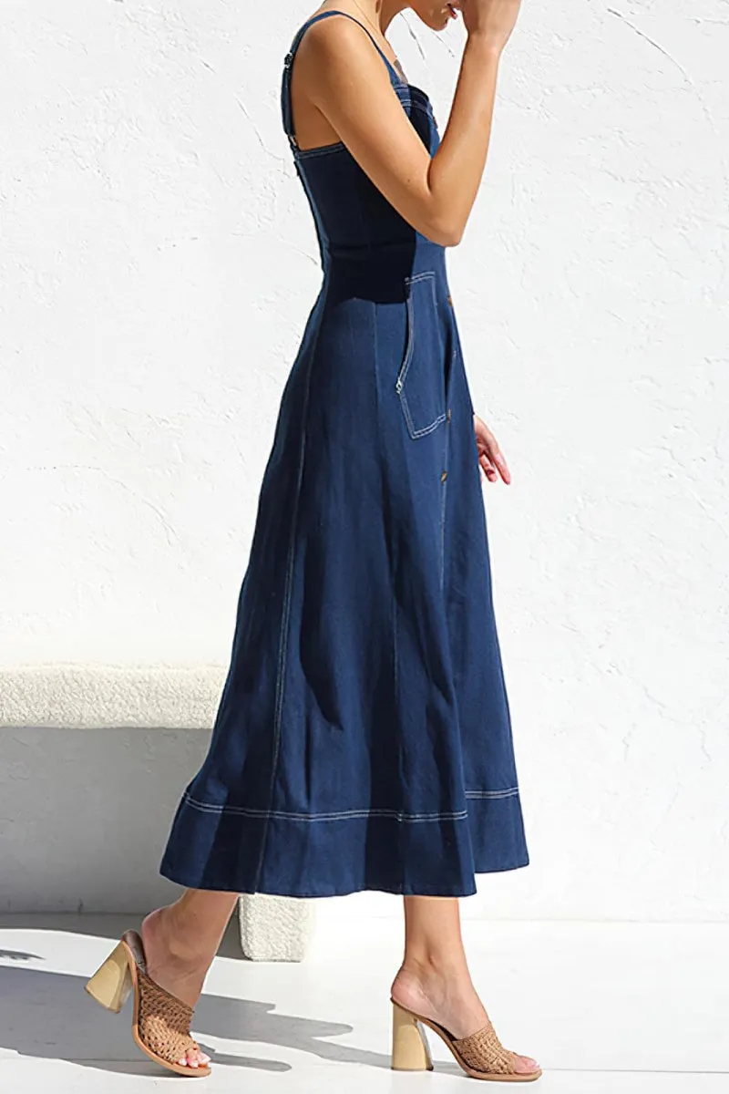 Chouyatou Women's Adjustable Strap Midi Long Denim Dress 2025 Button Down A-Line Swing Flowy Jean Dress