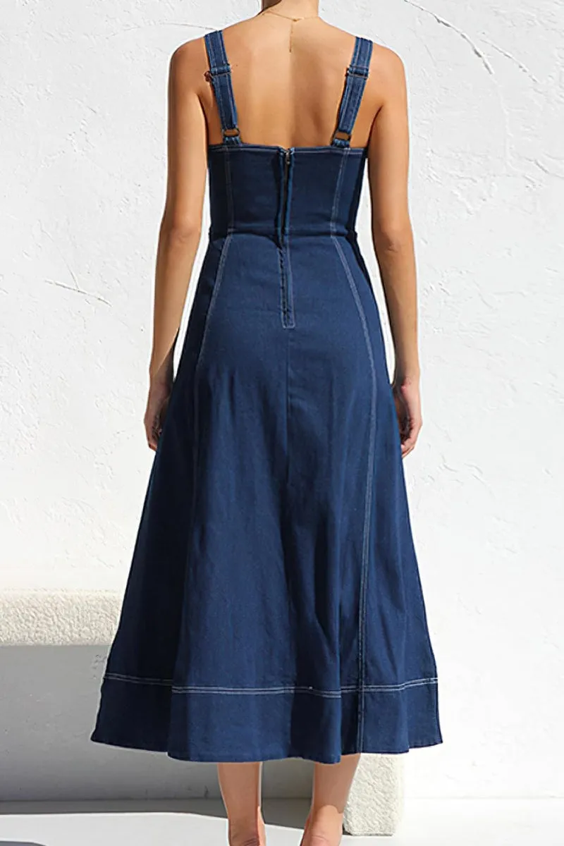 Chouyatou Women's Adjustable Strap Midi Long Denim Dress 2025 Button Down A-Line Swing Flowy Jean Dress