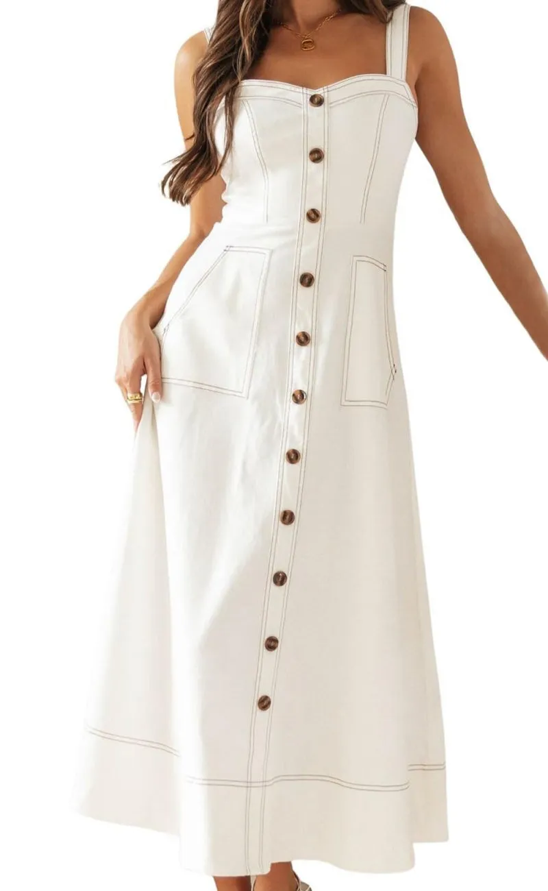 Chouyatou Women's Adjustable Strap Midi Long Denim Dress 2025 Button Down A-Line Swing Flowy Jean Dress