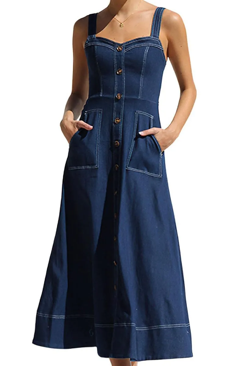 Chouyatou Women's Adjustable Strap Midi Long Denim Dress 2025 Button Down A-Line Swing Flowy Jean Dress