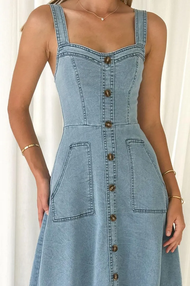 Chouyatou Women's Adjustable Strap Midi Long Denim Dress 2025 Button Down A-Line Swing Flowy Jean Dress