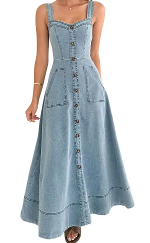 Chouyatou Women's Adjustable Strap Midi Long Denim Dress 2025 Button Down A-Line Swing Flowy Jean Dress