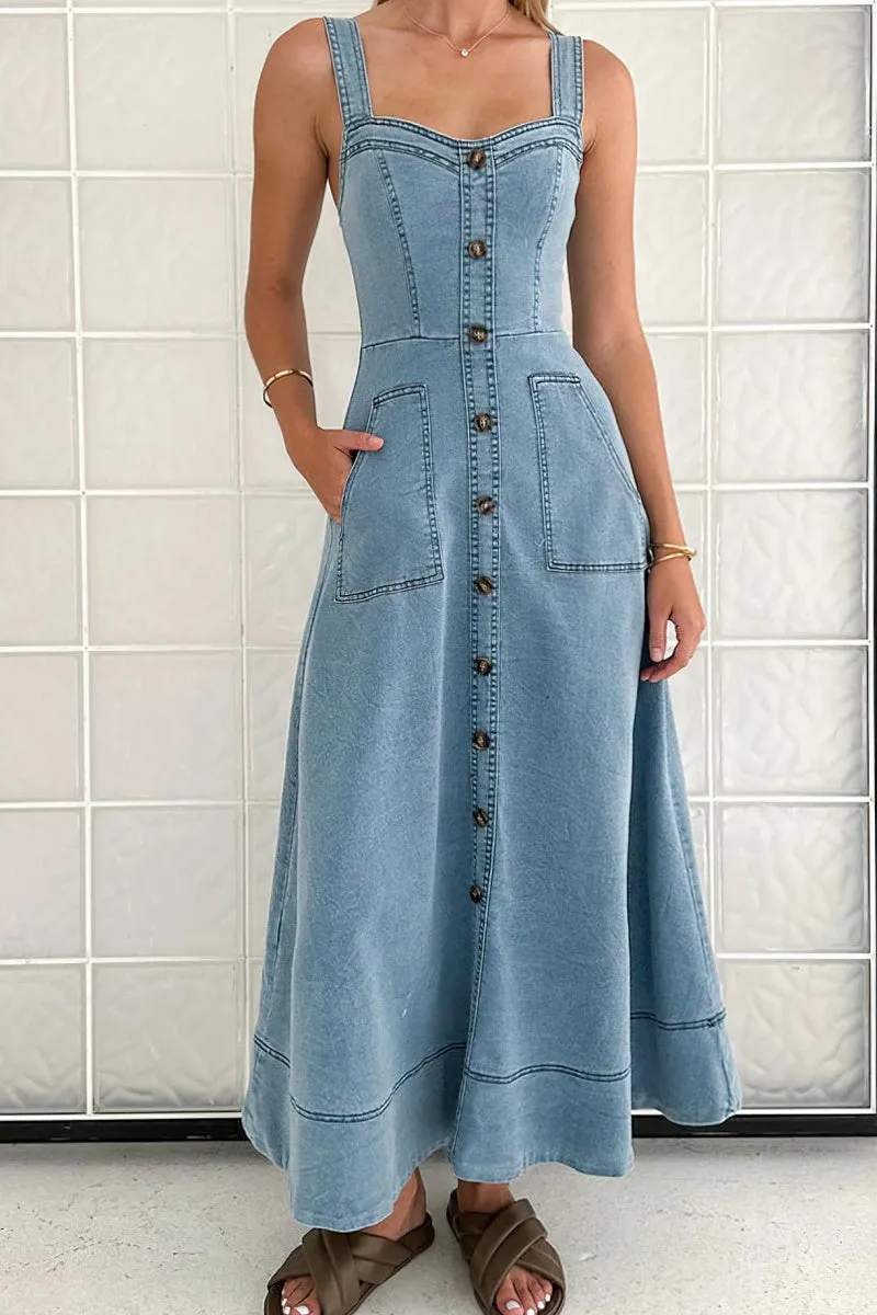 Chouyatou Women's Adjustable Strap Midi Long Denim Dress 2025 Button Down A-Line Swing Flowy Jean Dress