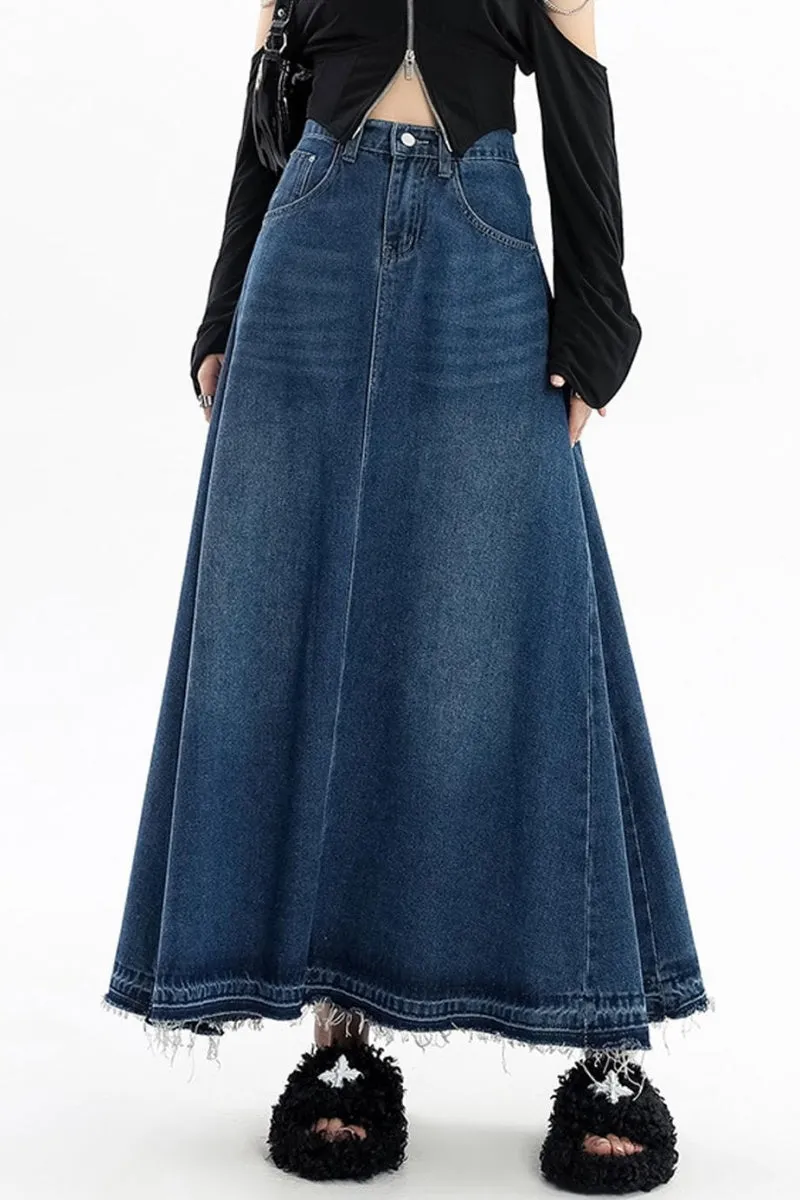 Chouyatou Women's Back Elastic High Waist A-Line Maxi Long Denim Jean Skirt