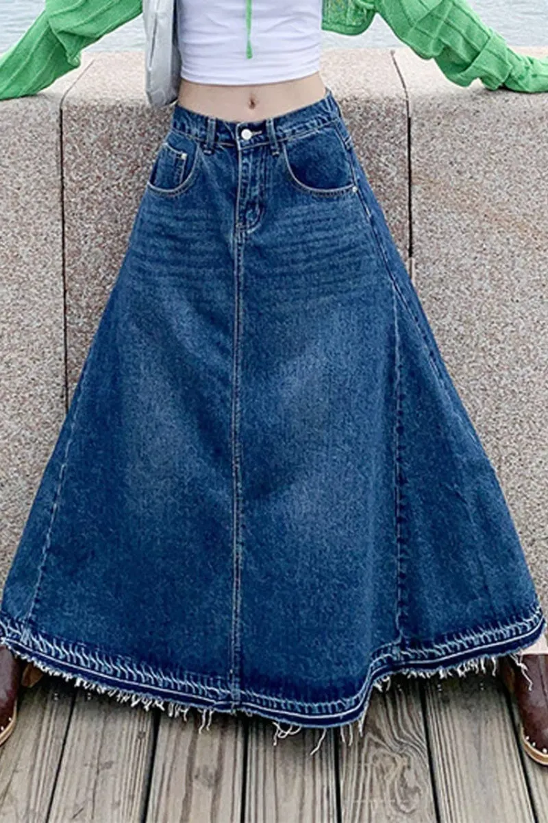 Chouyatou Women's Back Elastic High Waist A-Line Maxi Long Denim Jean Skirt