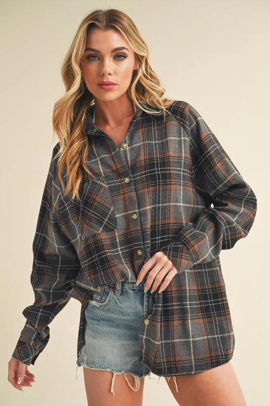 Dark Gray Flannel Plaid Button Up Raglan Sleeve Shirt