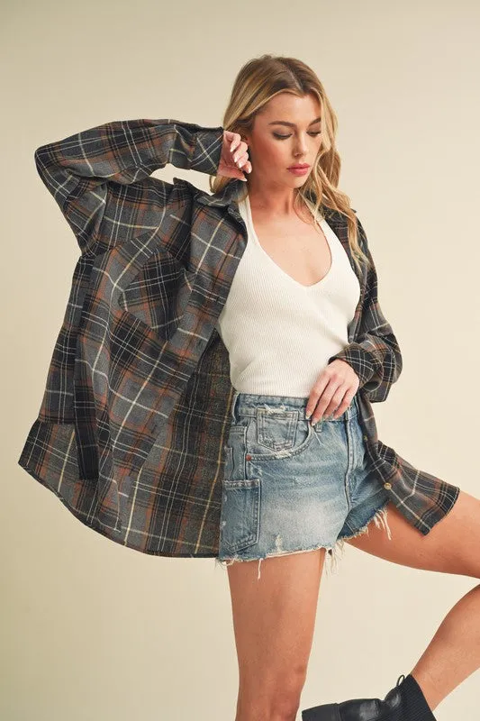 Dark Gray Flannel Plaid Button Up Raglan Sleeve Shirt