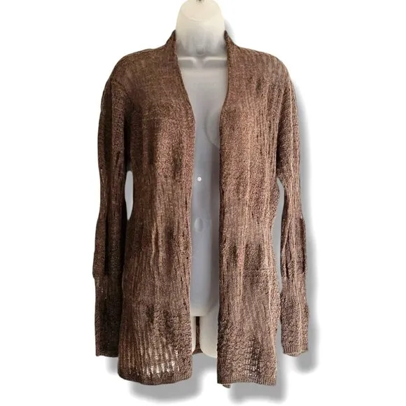Eileen Fisher Cardigan Sweater Baby Alpaca Size XS Shawl Brown Open Knit Pattern