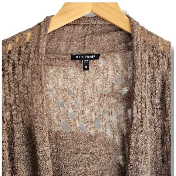 Eileen Fisher Cardigan Sweater Baby Alpaca Size XS Shawl Brown Open Knit Pattern