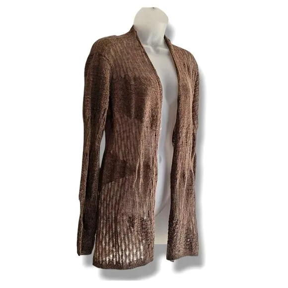 Eileen Fisher Cardigan Sweater Baby Alpaca Size XS Shawl Brown Open Knit Pattern