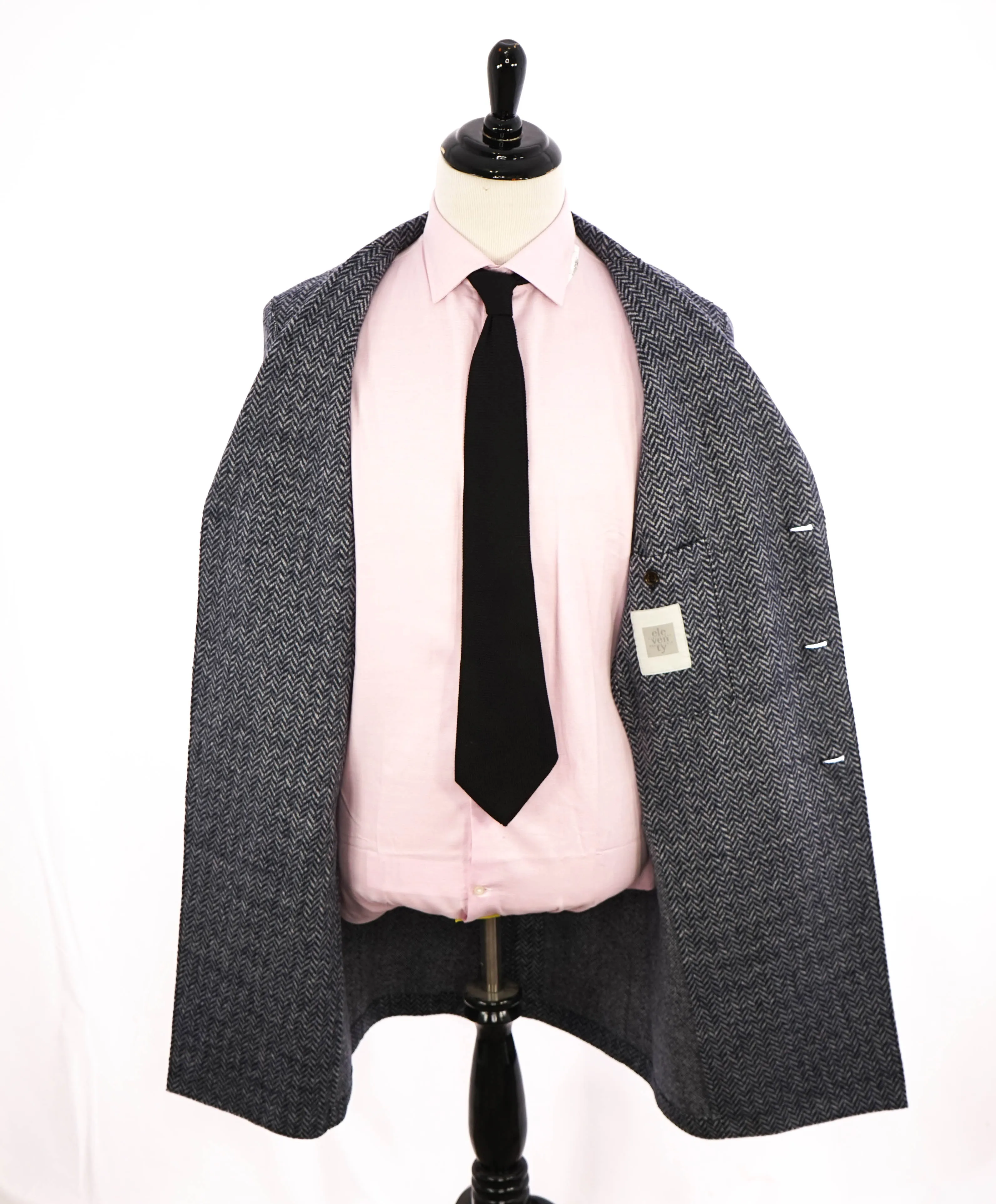 ELEVENTY - Blue Herringbone Suede Detail Logo Button Coat - 46R (56 EU)