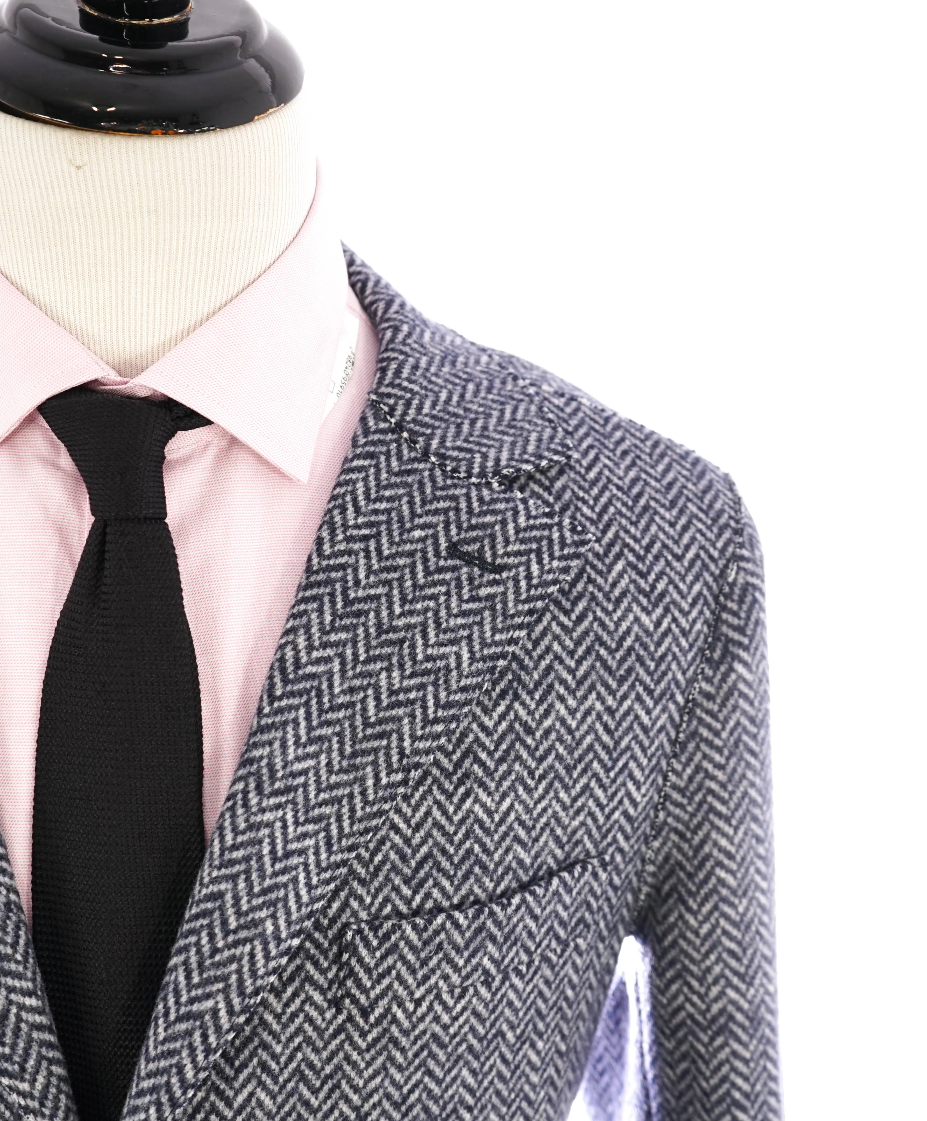ELEVENTY - Blue Herringbone Suede Detail Logo Button Coat - 46R (56 EU)