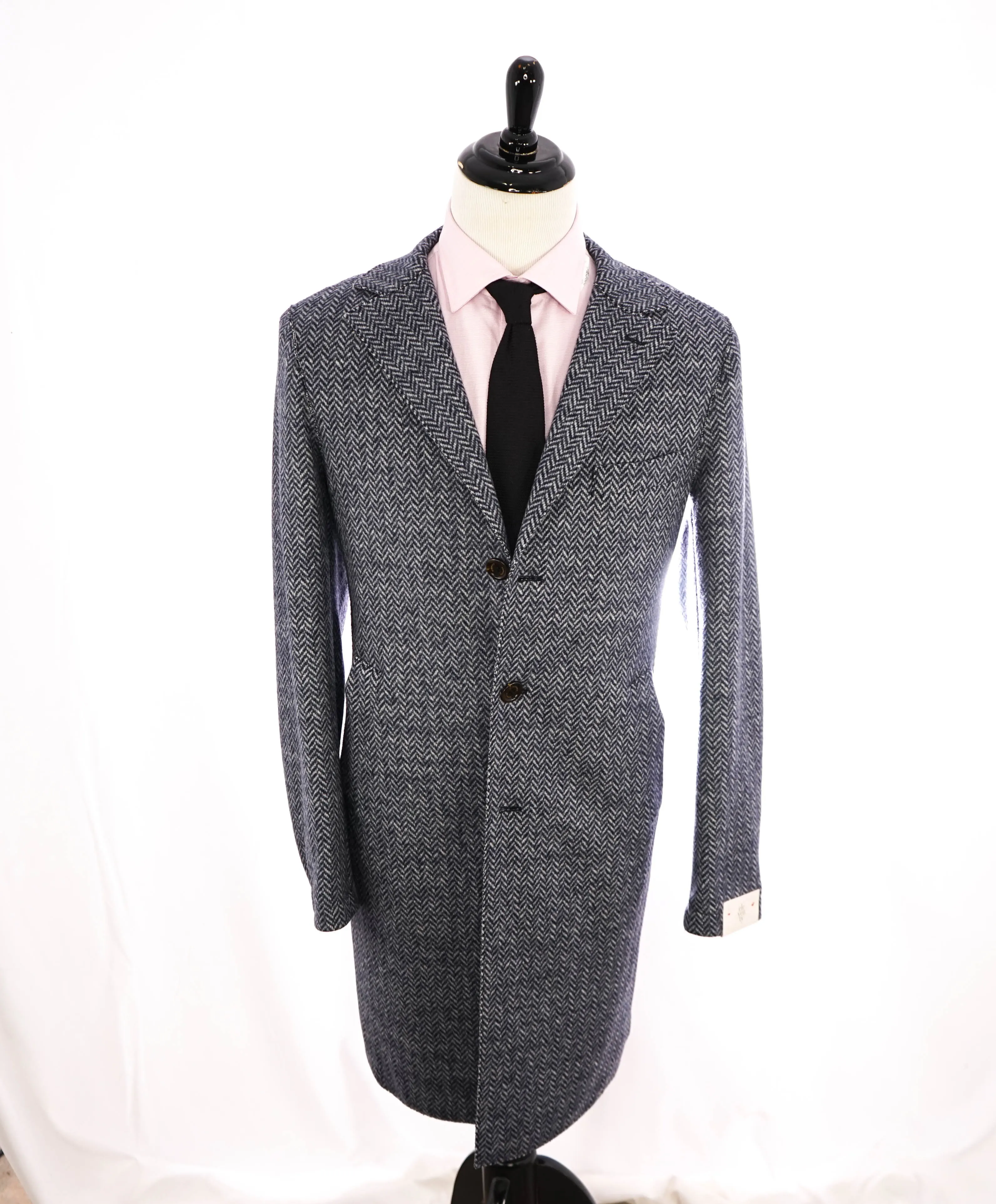 ELEVENTY - Blue Herringbone Suede Detail Logo Button Coat - 46R (56 EU)