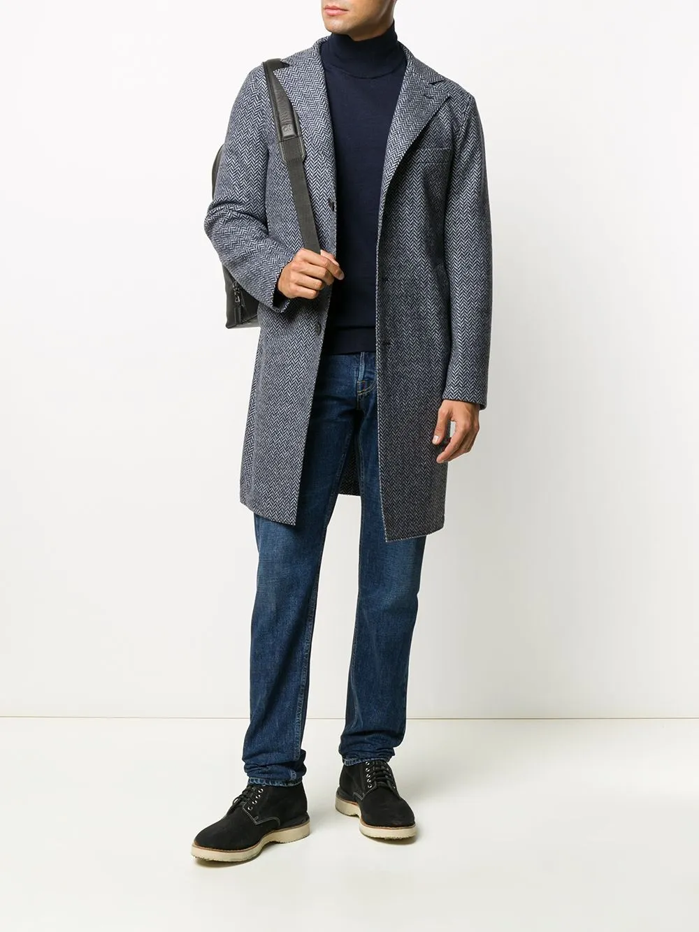ELEVENTY - Blue Herringbone Suede Detail Logo Button Coat - 46R (56 EU)