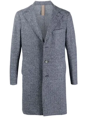 ELEVENTY - Blue Herringbone Suede Detail Logo Button Coat - 46R (56 EU)