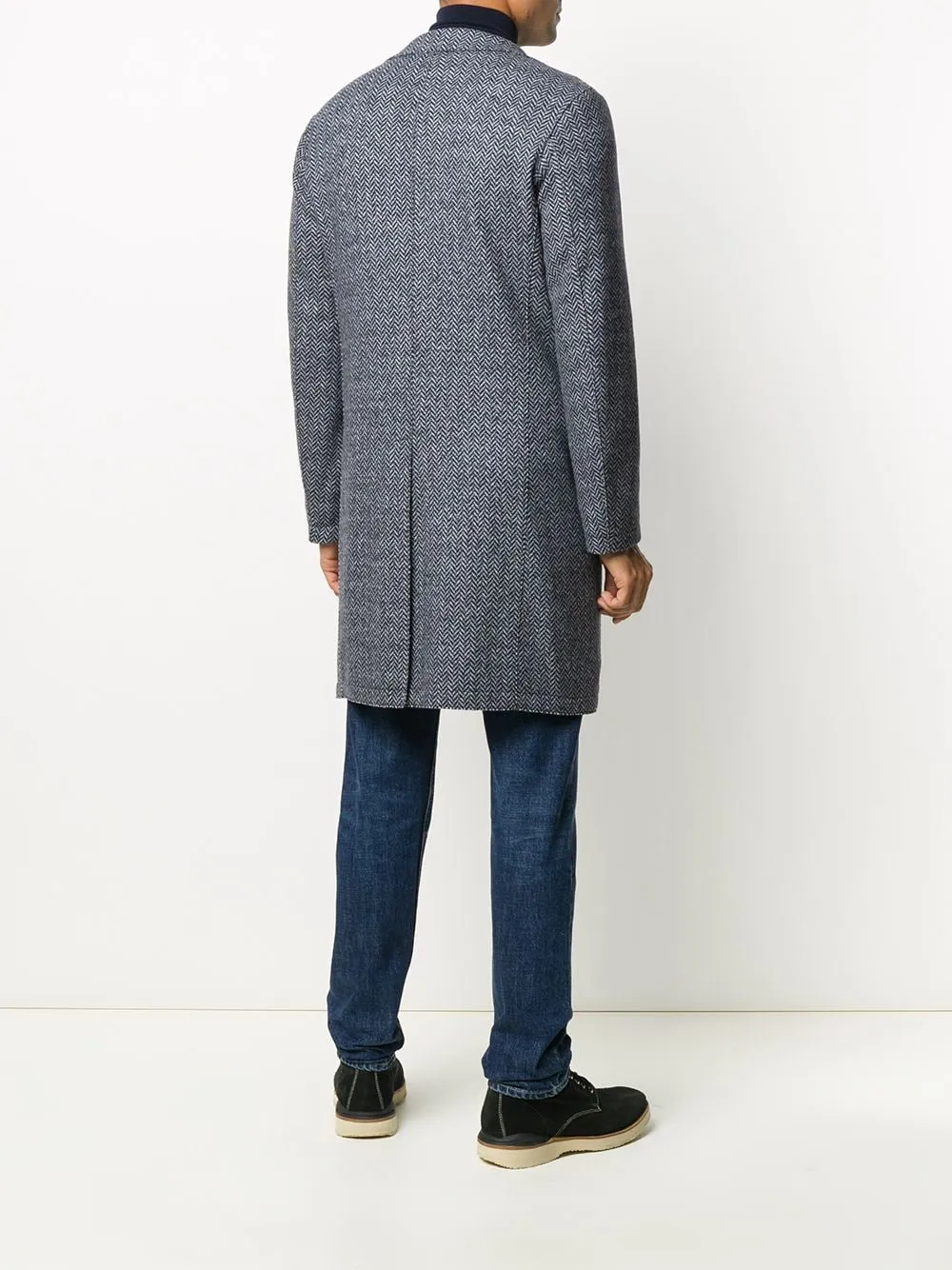 ELEVENTY - Blue Herringbone Suede Detail Logo Button Coat - 46R (56 EU)