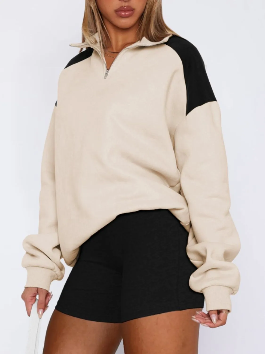 Elle Contrast Quarter Zip Long Sleeve Sweatshirt
