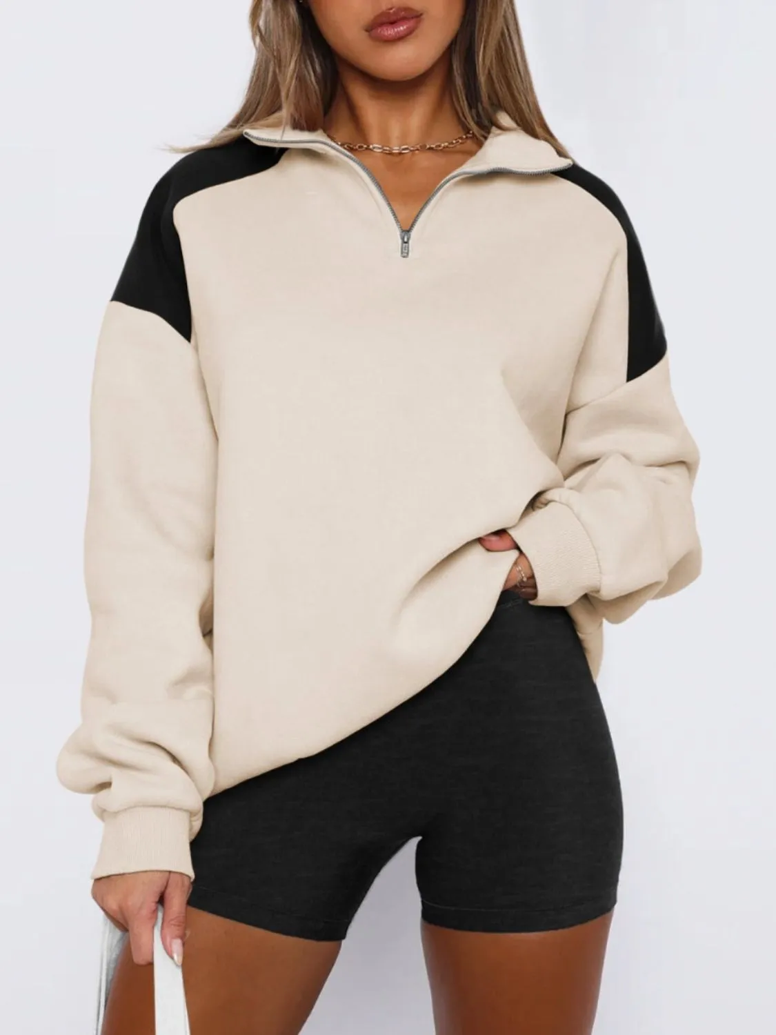 Elle Contrast Quarter Zip Long Sleeve Sweatshirt