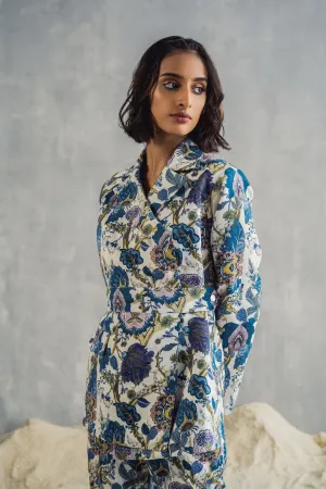 Erica - Off White & Multi - Blue Printed Jacket Set