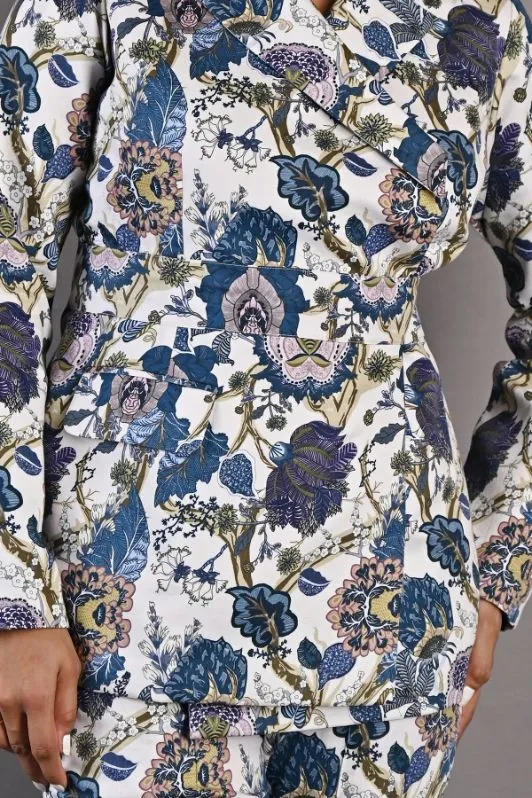 Erica - Off White & Multi - Blue Printed Jacket Set