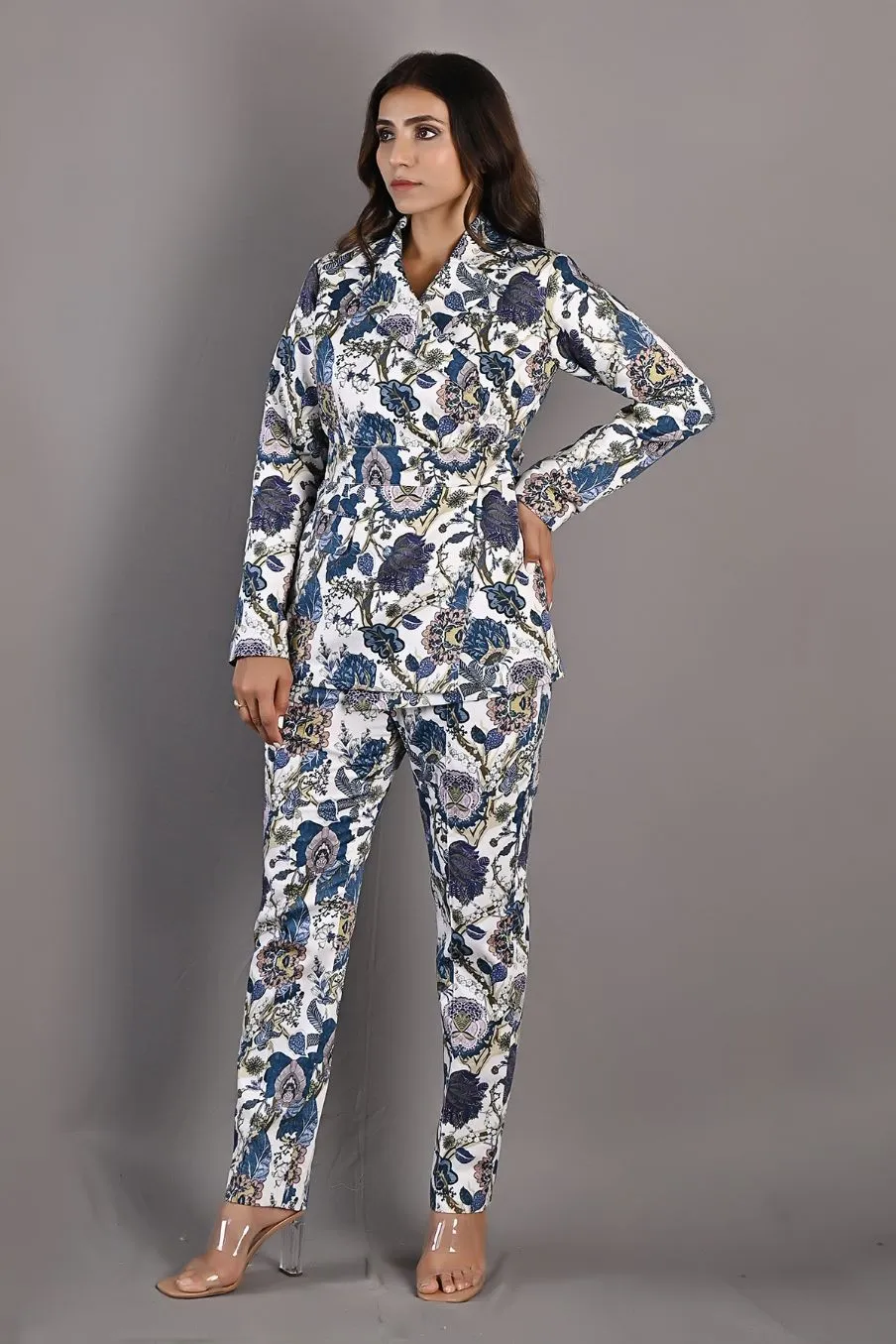 Erica - Off White & Multi - Blue Printed Jacket Set