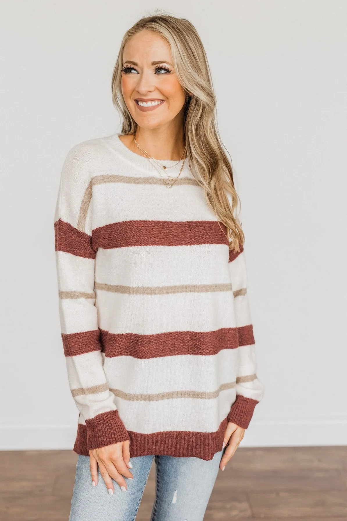 Fall Impressions Striped Sweater- Ivory, Brick & Taupe