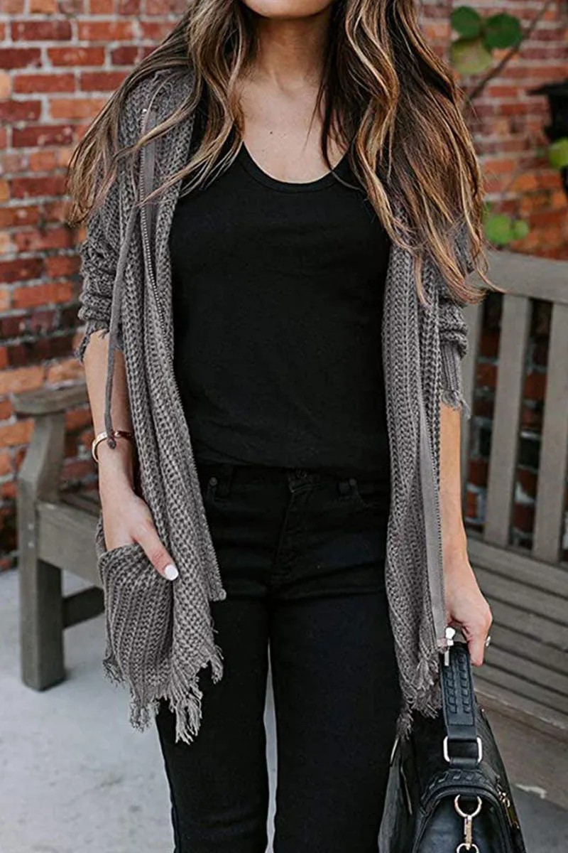 Fashion Casual Adult Solid Cardigan Hooded Collar Tops(6 Colors)