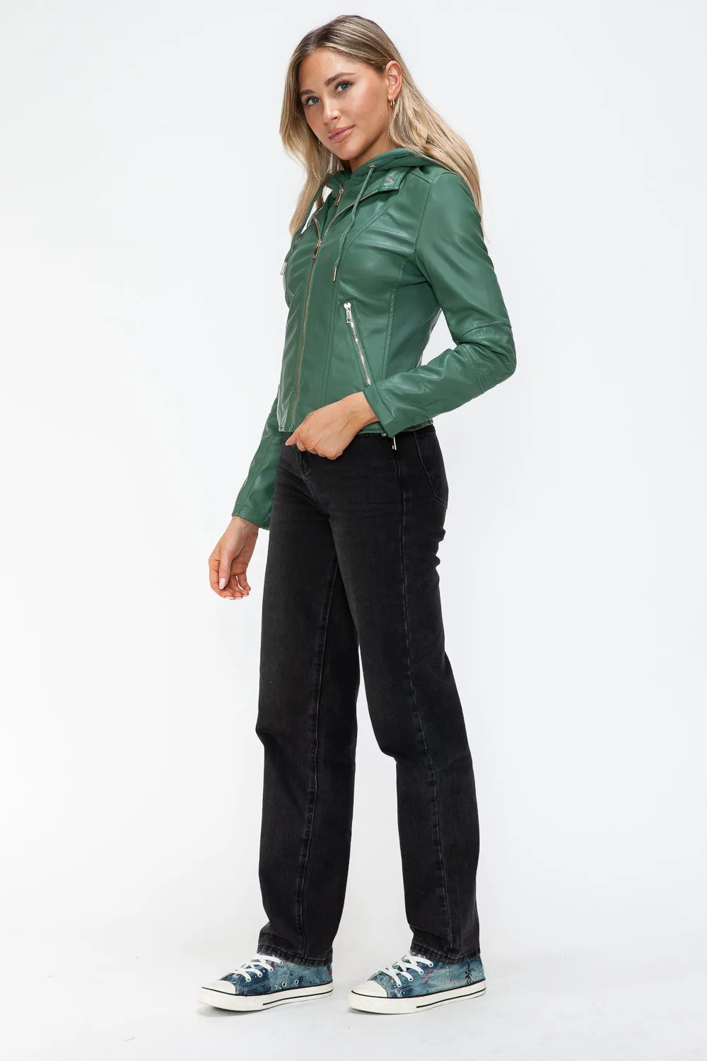 Faux Leather Zip Up Drawstring Hooded Jacket in Sage Green