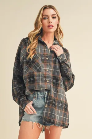 Flannel Plaid Button Up Raglan Sleeve Shirt