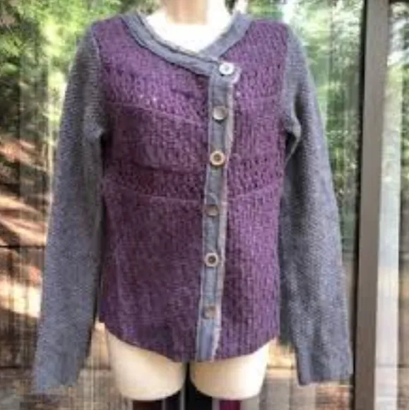Free People asymmetrical purple and grey sweater with buttons