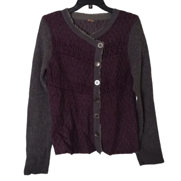 Free People asymmetrical purple and grey sweater with buttons