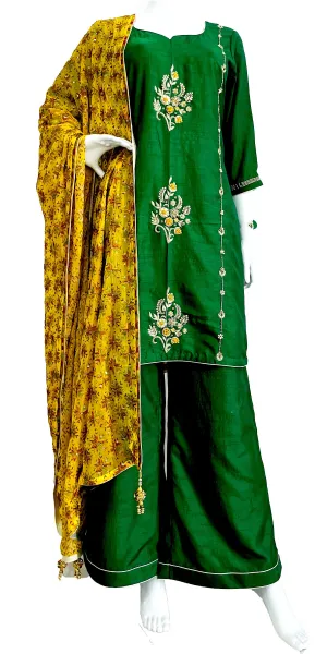 Green Hand Embroidered Palazzo Suit with Cut Dana Work