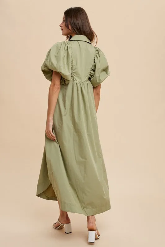 Green Smocked Puff Sleeve Midi Dress