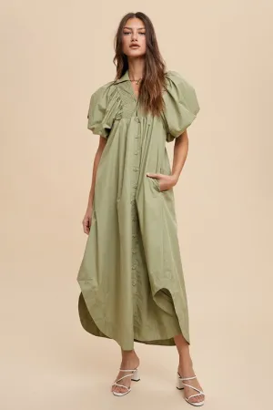 Green Smocked Puff Sleeve Midi Dress