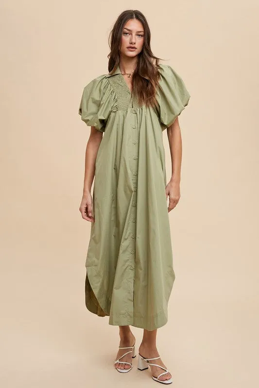 Green Smocked Puff Sleeve Midi Dress