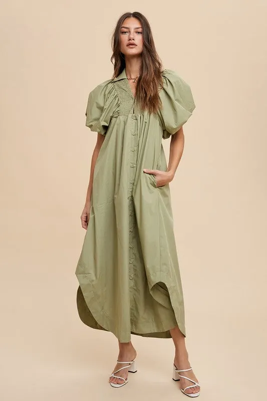 Green Smocked Puff Sleeve Midi Dress